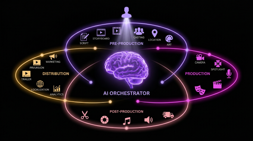 AI Orchestrator — центральный мозг с 4 орбитами: Pre-Production, Production, Post-Production, Distribution