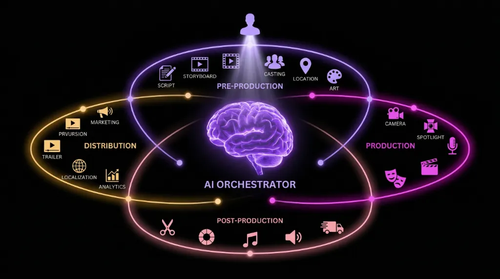 AI Orchestrator — центральный мозг с 4 орбитами: Pre-Production, Production, Post-Production, Distribution